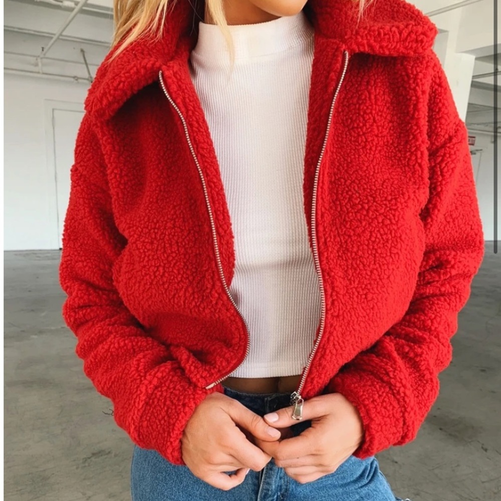 Tiger Mist Red Crop Teddy Jacket
